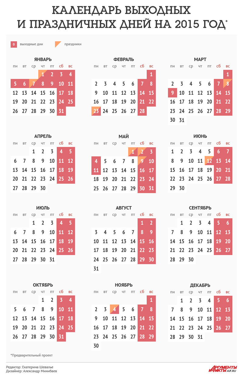 Сколько праздничных и выходных дней ожидается в 2015 году? Инфографика |  Аргументы и Факты
