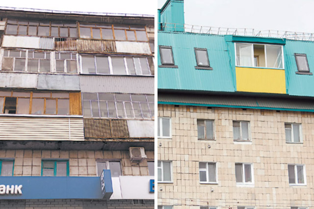 Казань. Владельцы квартир в сотнях пятиэтажек (фото слева) отказались стать «модными» (фото справа), потому что новый этаж появился, а ремонта на прежних этажах нет.