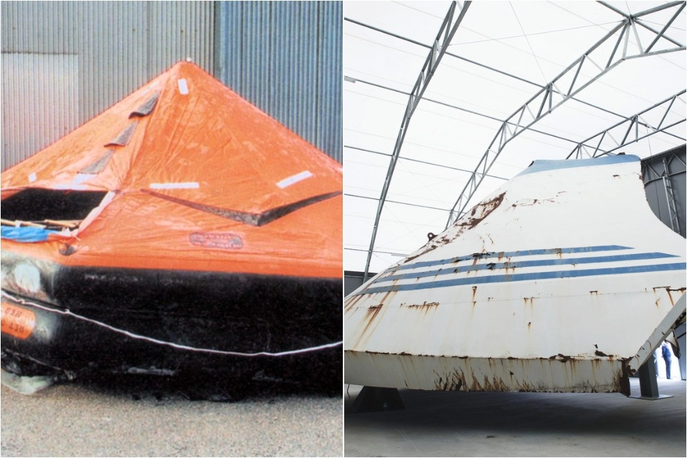 Спасательный плот парома «Эстония» в финском порту; Визор парома «Эстония» в Швеции.