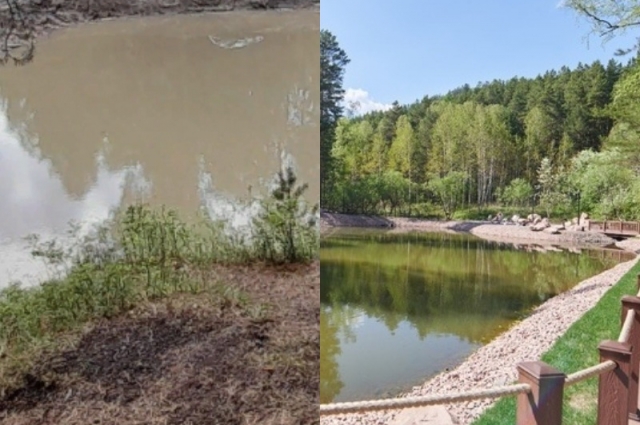 Слева то, как пруд выглядел до 2023 года, справа - после благоустройства.