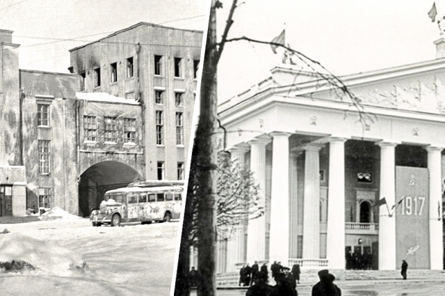 Так выглядело здание нынешнего драмтеатра в начале 1942 года, в период оккупации, и в ноябре 1957-го.