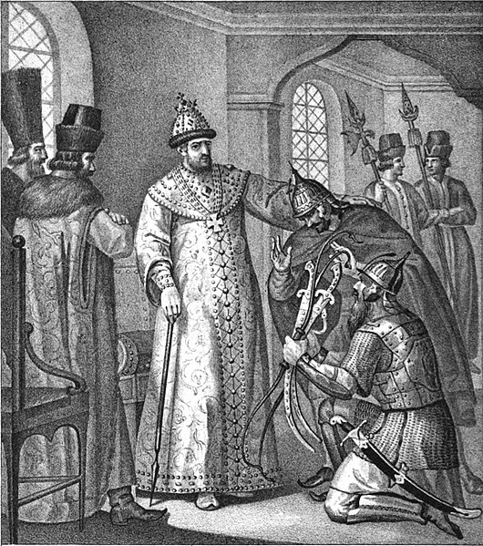 Царю Ивану IV вручают трофеи, взятые у Девлет-Гирея князем Воротынским после сражения при Молодях.
