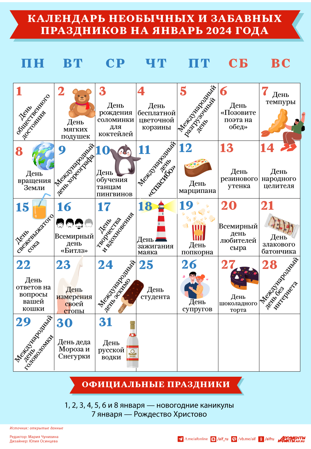 Календарь необычных и забавных праздников в январе 2024 года. Инфографика |  История | Общество | Аргументы и Факты