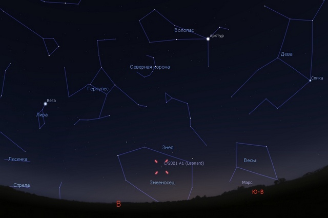 Комета Леонардо на утреннем небе 12 декабря в 8:00