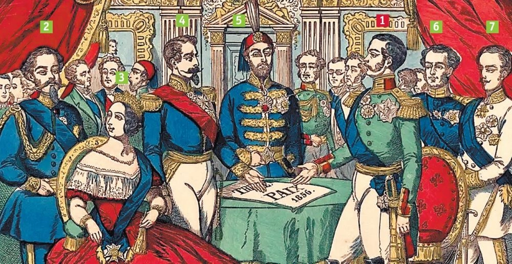 На литографии 1856 года император Всероссийский Александр II (1) изображён в окружении глав Евросоюза того времени: 2. король Сардинского королевства (будущий король Италии) Виктор Эммануил II, 3. королева Великобритании Виктория, 4. император Франции Наполеон III, 5. султан Османской империи Абдул-Меджид I, 6. король Пруссии Фридрих Вильгельм IV, 7. император Австрии Франц Иосиф I.