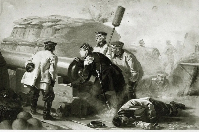 . Адмирал Нахимов у орудия. Альбом «Эпизоды Севастопольской жизни 1854-1855 года» (1871-1872).