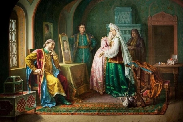 Сергей Грибков «Портрет жениха», 1876 год. Борис Годунов показывает своей дочери Ксении портрет датского принца Густава.