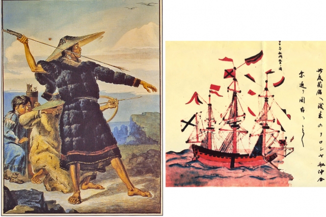 Жители Аляски на рисунке М. Т. Тиханова (1818) и шлюп «Диана».
