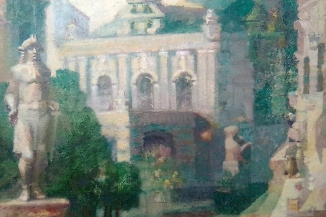 Одна из картин выставки в Доме художника. Слева - фигура в треуголке, образ Ивана Андреева.