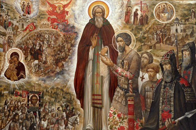 Икона Святые Сергий Радонежский и Дмитрий Донской, написанная священником Сергеем Симаковым в XX веке