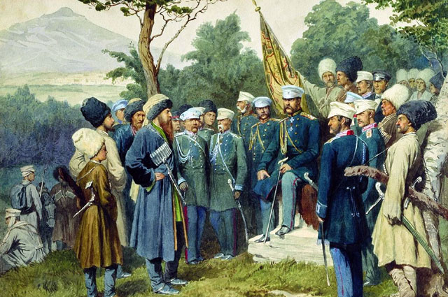 «Имам Шамиль перед главнокомандующим князем А. И. Барятинским, 25 августа 1859 года», картина А. Д. Кившенко, 1880 год.