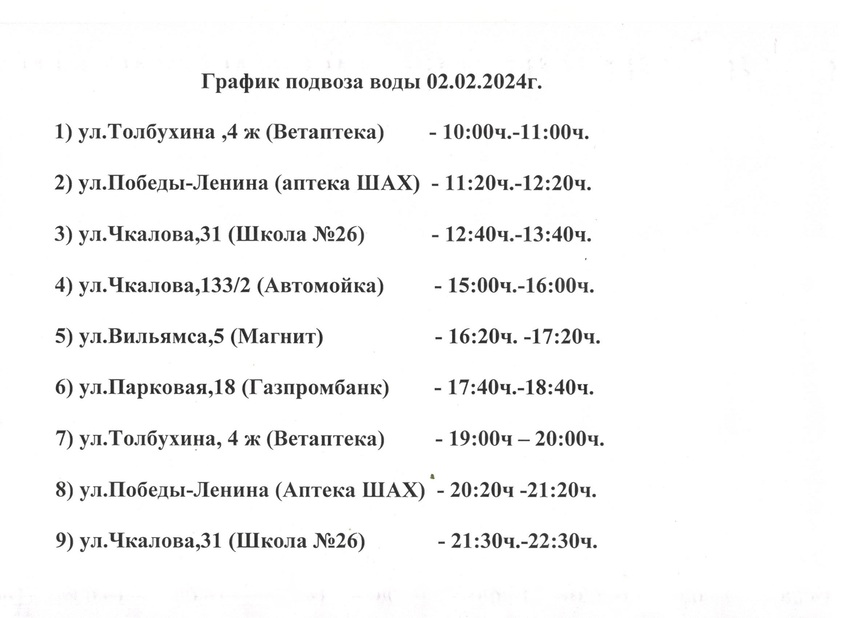 график подвоза воды