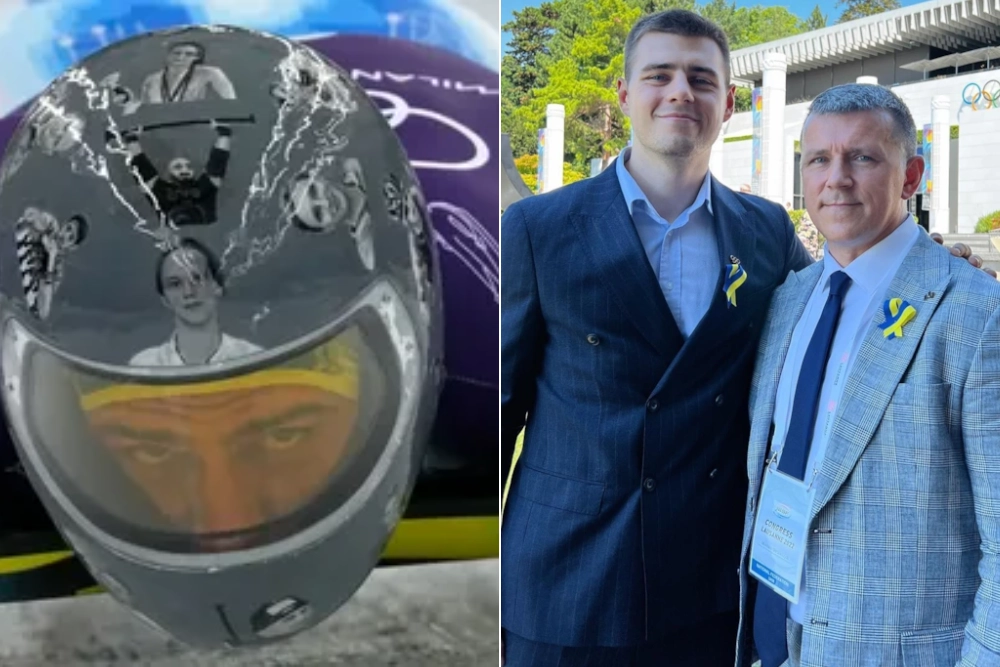 МОК запретил украинскому скелетонисту Владиславу Гераскевичу выступать на Олимпиаде в шлеме с изображениями лиц коллег-спортсменов; Владислав Гераскевич и Михаил Гераскевич.