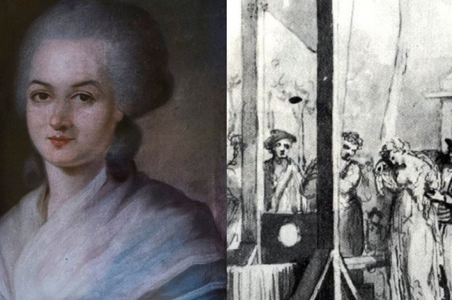 Портрет Олимпии де Гуж и сцена её казни на гильотине.