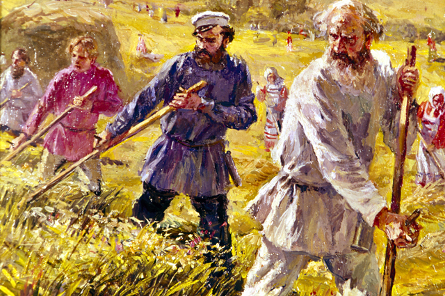 Репродукция иллюстрации «Левин косит с крестьянами» к роману Л.Н. Толстого «Анна Каренина». Художник Александр Самохвалов.