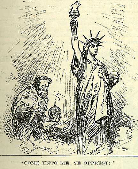 Политическия карикатура 1919 г.: «Европейский анархизм» пытается уничтожить американскую свободу.
