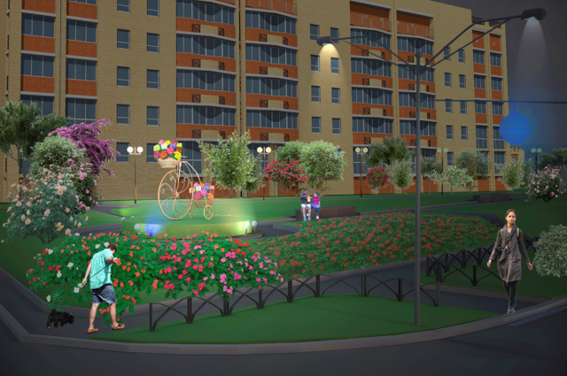 Застройка предусматривает возведение пятиэтажных домов с детскими площадками во дворах, автомобильными парковками на каждую семью.