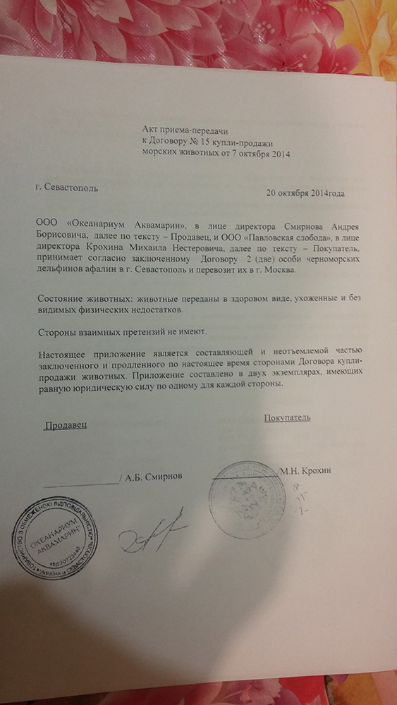 Документ, подтверждающий, что 2 особи черноморских дельфинов афалин были переданы севастопольской компанией московской.