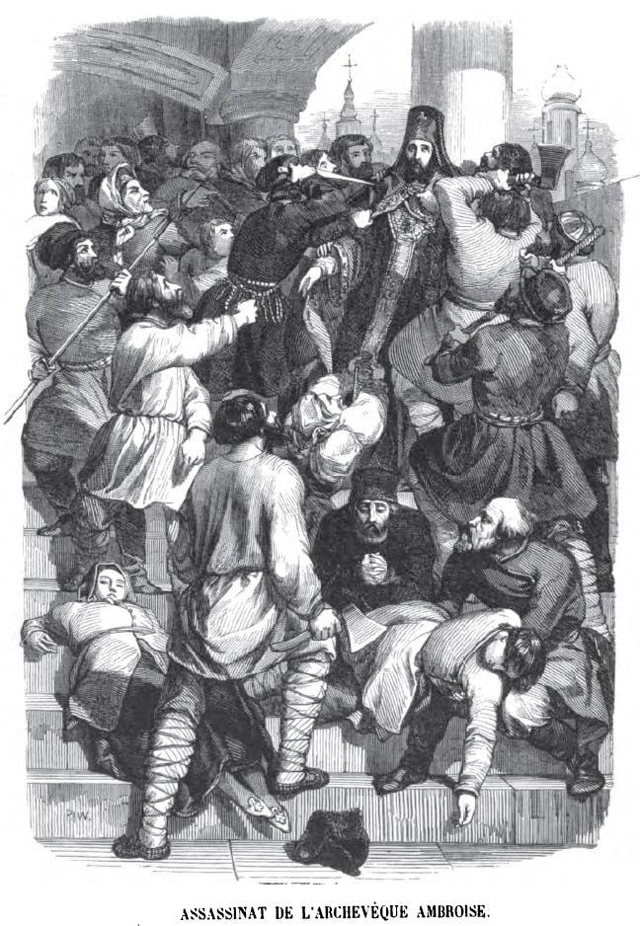 Убийство архиепископа Амвросия. Гравюра, Чарльз Мишель Жоффруа, 1845.