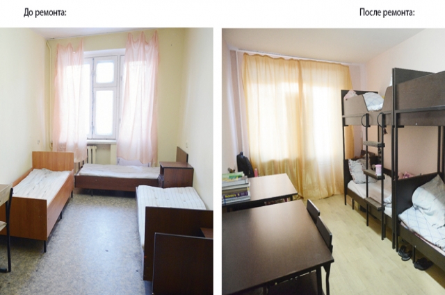 Комната студенческого общежития СГМУ до (слева) и после (справа) ремонта.