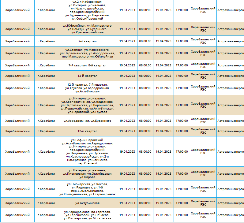 Отключения света в Астрахани 19 апреля