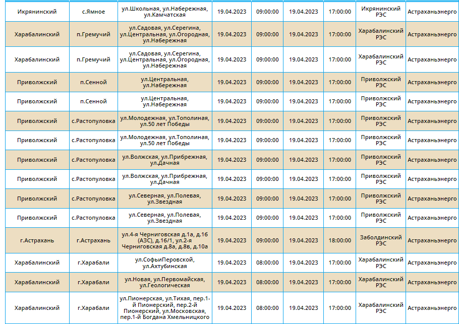 Отключения света в Астрахани 19 апреля