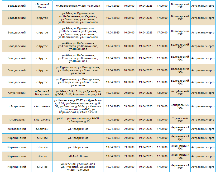 Отключения света в Астрахани 19 апреля