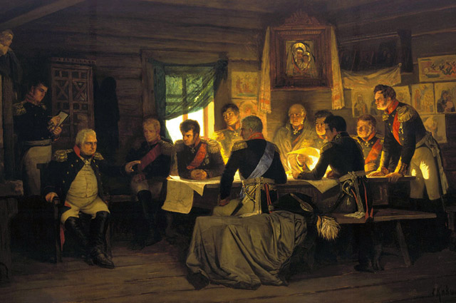 На картине А. Кившенко «Военный совет в Филях» горячий и решительный Ермолов стоит за столом в правой части картины.