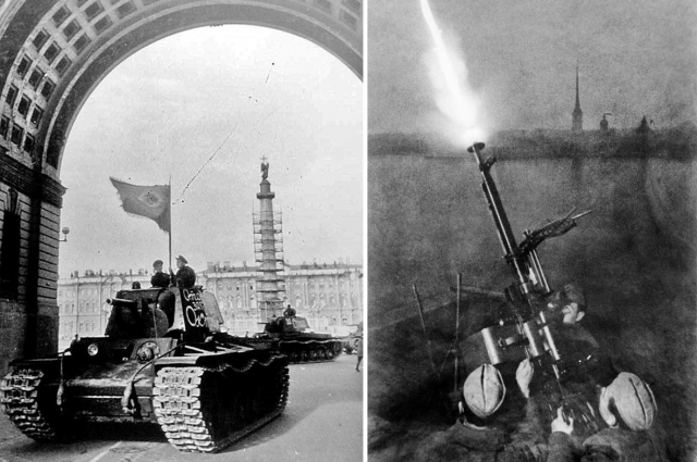 Тяжелые танки КВ-1, проходя под Аркой Главного штаба, выходят с площади Урицкого (Дворцовая пл.) на проспект 25-го Октября (Невский пр.) через улицу Герцена (ул. Большая Морская) и следуют на фронт, 1941. Расчет 12,7-мм зенитного пулемета ДШК сержанта Федора Коноплева ведет огонь по немецким самолетам в Ленинграде, 1942.