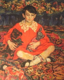 Девочка в красном платье сидит на ковре, по-турецки поджав ноги. Работа П.Кончаловского
