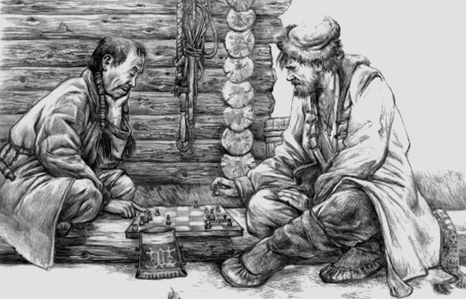 Хантыйский аманат и русский стрелец за игрой в шахматы, XVII век.