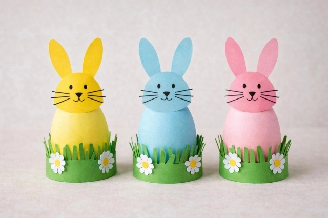 Яйца легко украсить бумажными мордочками зайцев. 