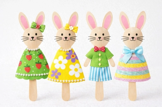 Такие зайцы получаются из пластиковых ложек и обрезков ткани и упаковочной бумаги. 