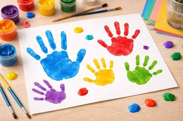 Из отпечатков ладошек можно смастерить куклу-зайчика.