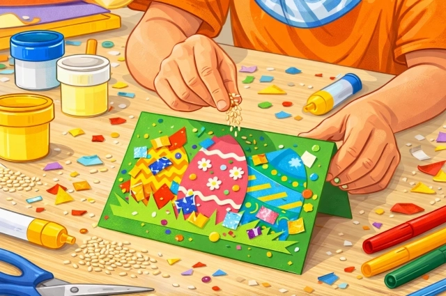 Украсить открытку можно даже крупой.