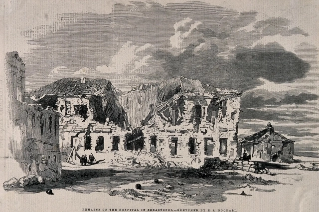 Разрушенный госпиталь в Севастополе. Гравюра Эдварда Гудолла, 1855 г.