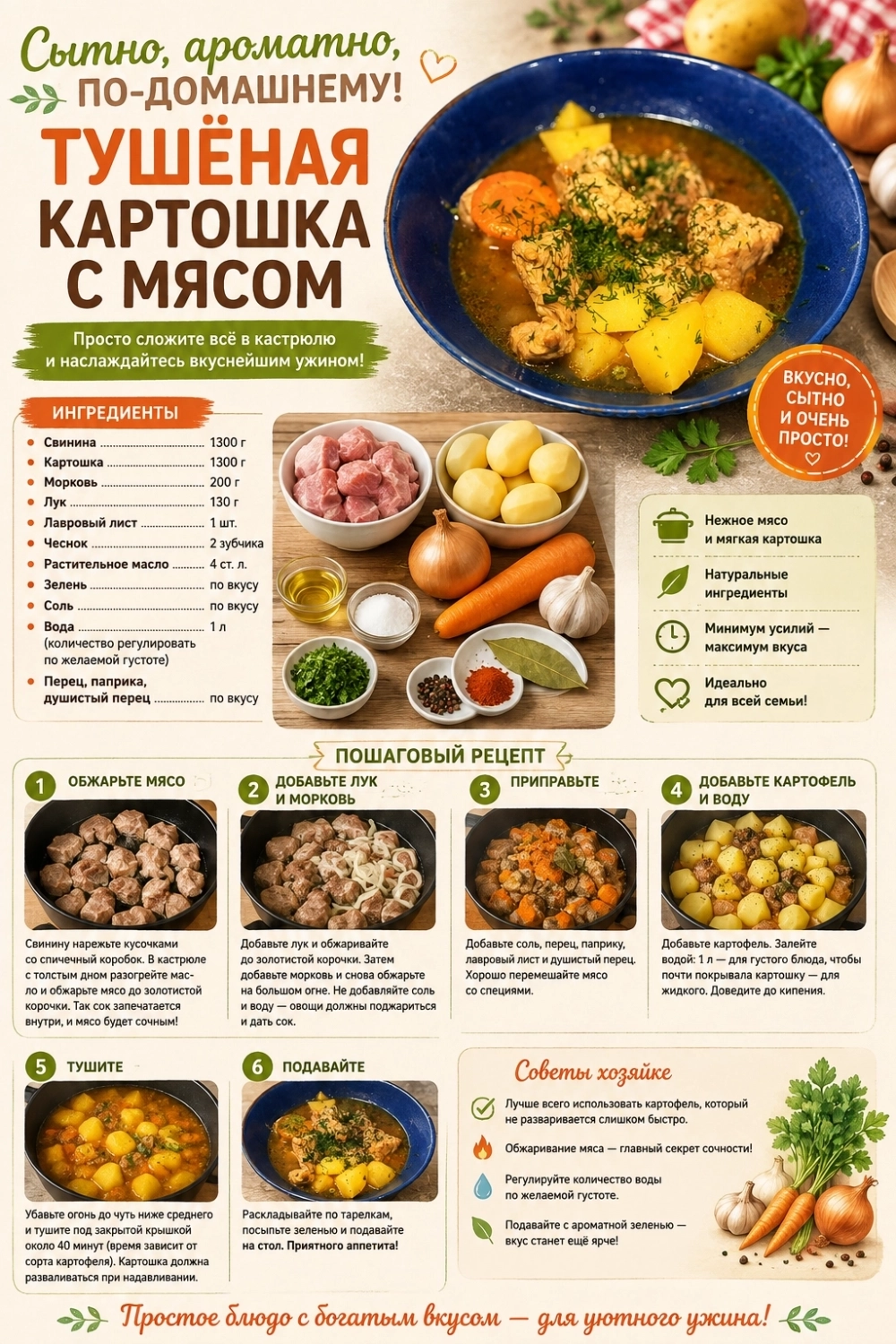 Пошаговый рецепт тушёной картошки с фото.