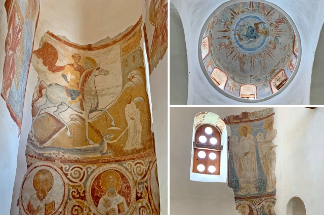 На сводах и внутри купола храма Святого Георгия Победоносца сохранились великолепные фрески. 